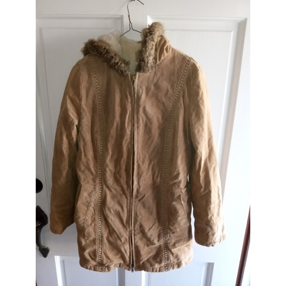 Women's Wilson‎ Leather Coat Size M Hoodie Full Zip Sherpa Suede Fur Trim
